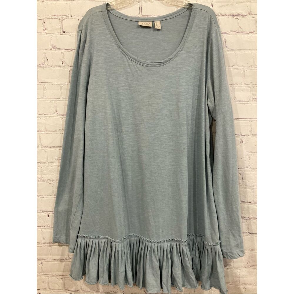 LOGO by Lori Goldstein Womens Large Tunuc Top Green Accordian Ruffle Bottom